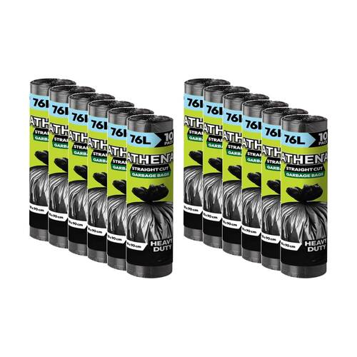 12x 10PK Athena Straight Cut Heavy Duty Garbage Bags Black 76L 80x90cm