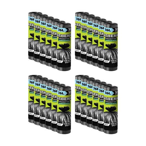 24x 10PK Athena Straight Cut Heavy Duty Garbage Bags Black 76L 80x90cm