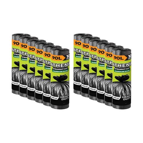 12x 10PK Athena Straight Cut Heavy Duty Garbage Bags Black 90L 80x100cm
