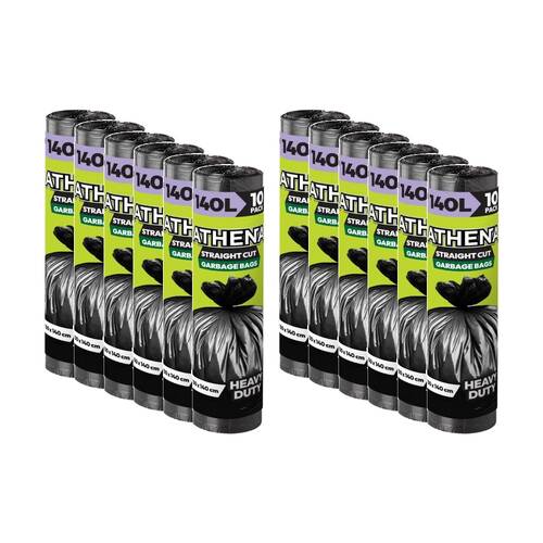 12x 10PK Athena Straight Cut Heavy Duty Garbage Bags Black 140L 100x140cm