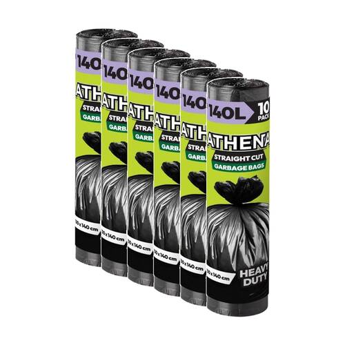 6x 10PK Athena Straight Cut Heavy Duty Garbage Bags Black 140L 100x140cm