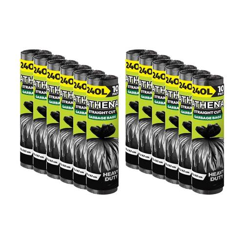 12x 10PK Athena Straight Cut Heavy Duty Garbage Bags Black 240L 113x147cm