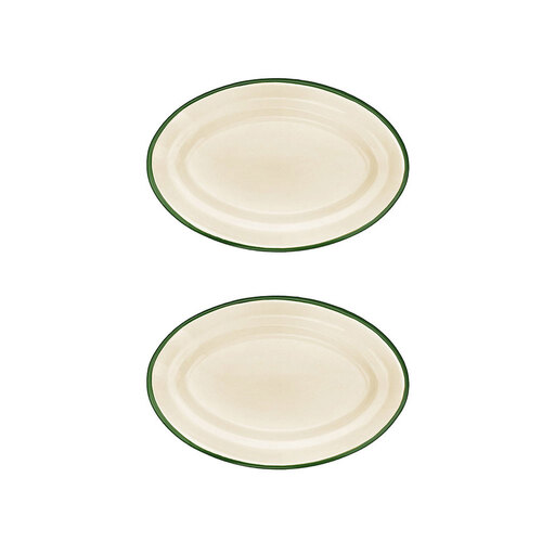 2x Urban Style Enamelware 30cm Oval Tray w/ Green Rim - Cottage