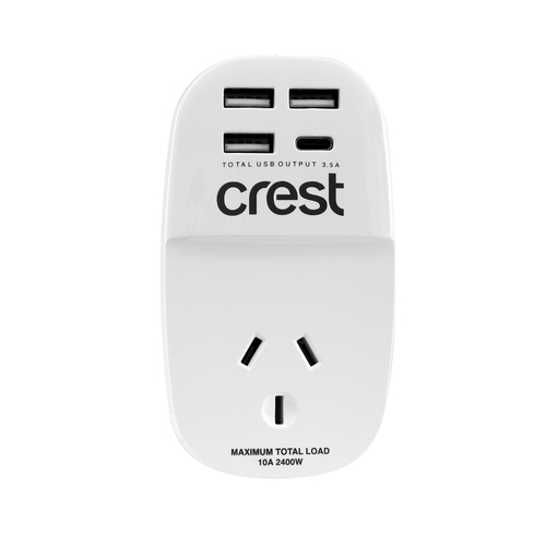Crest 1-Socket Power Adaptor w/ 3x USB-A/1x USB-C Port - White