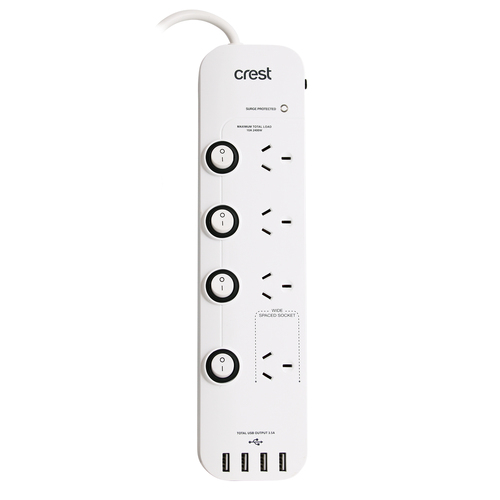 Crest 4-Socket 1.2m Power Board Surge Protected w/ 4x USB Ports - White