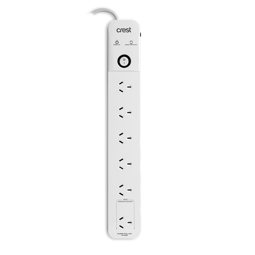 Crest 6-Socket 1.2m Power Board w/ 1 Switch Surge Protected - White