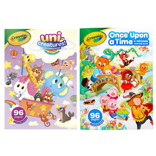 Crayola 96pg Fairytales & 96pg Uni-Creatures Kids Colouring Book Set