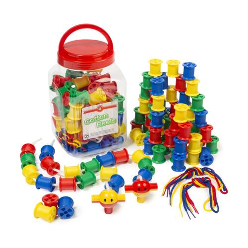 80pc Learning Can Be Fun Cotton Reels Jar 30mm 4 Colours 8 Laces Kids 3y+