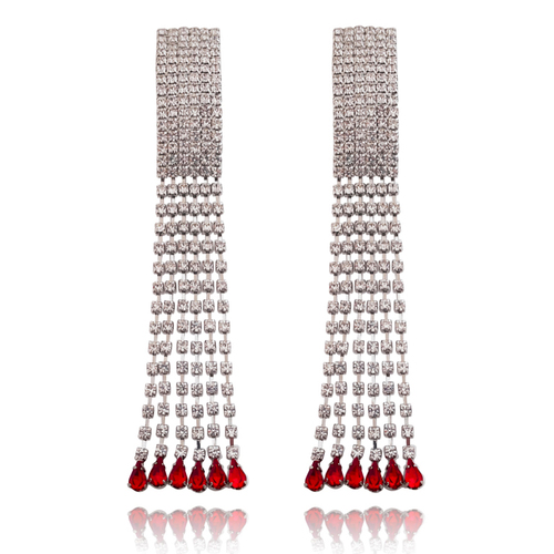 Culturesse Lemaire 30cm Catwalk Diamante Drop Tassel Earrings - Silver