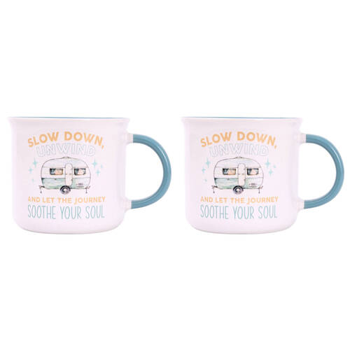 2PK Splosh Caravan Slow Down Ceramic Coffee Mug 390ml/10cm Camping Cup White
