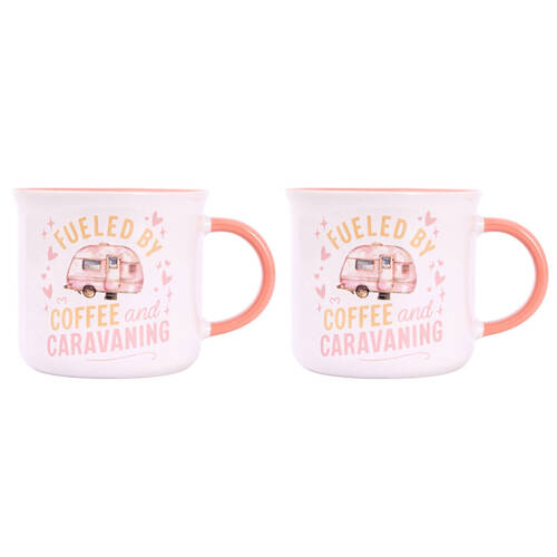 2PK Splosh Caravan Fuelled By Ceramic Coffee Mug 390ml/10cm Camping Cup Pink