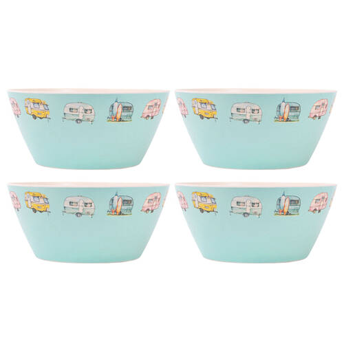 4PK Splosh Caravan Bamboo Melamine Salad Bowl 24cm Rnd Camping Dinnerware Blue