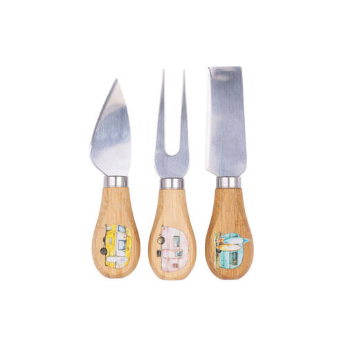 3pc Splosh Caravan Bamboo Steel Camping Cheese Knife Set 12.5cm Natural