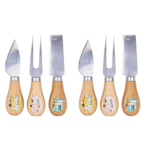 2x 3pc Splosh Caravan Bamboo Steel Camping Cheese Knife Set 12.5cm Natural