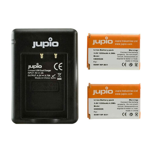 Jupio 2x Batteries 1250mAh & USB Double-Sided Charger Kit For Sony NP-BX1