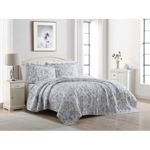 Laura Ashley Queen/King Branch Toile Printed Coverlet Set Grey