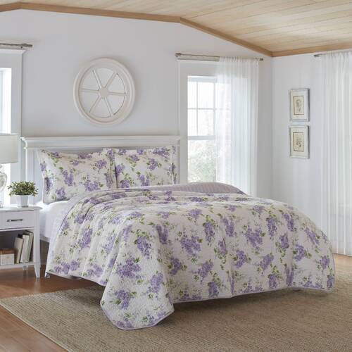 Laura Ashley Keighley Printed Coverlet Set Queen - Lilac