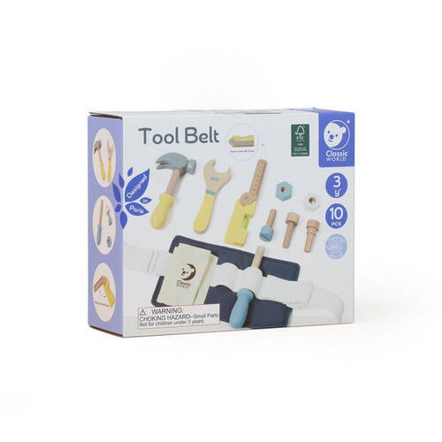 10pc Classic World Childrens Wooden Pretend Play Tool Belt 3Y+