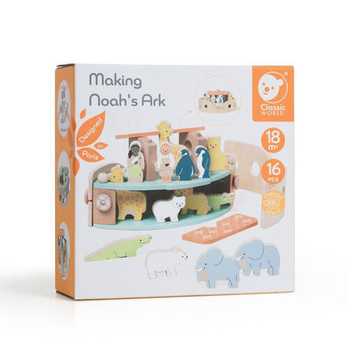 16pc Classic World Childrens Wooden Pretend Noah's Ark Playset 18M+