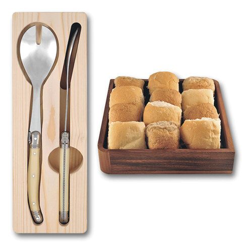 3pc Laguiole Silhouette Acacia Square Bowl w/ Salad Servers