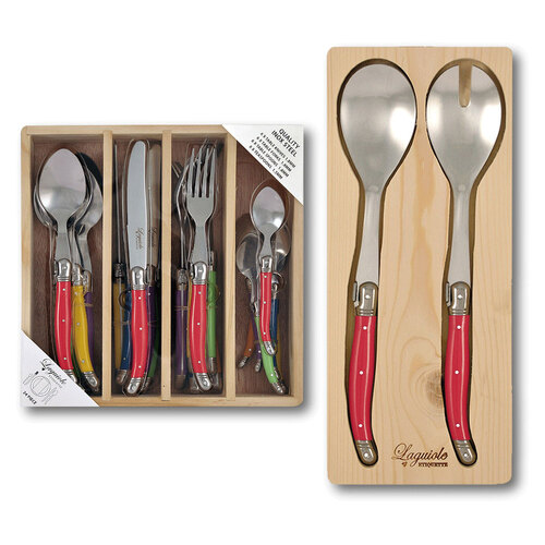 Laguiole Etiquette Cutlery w/ Matching Salad Serving Set - Red
