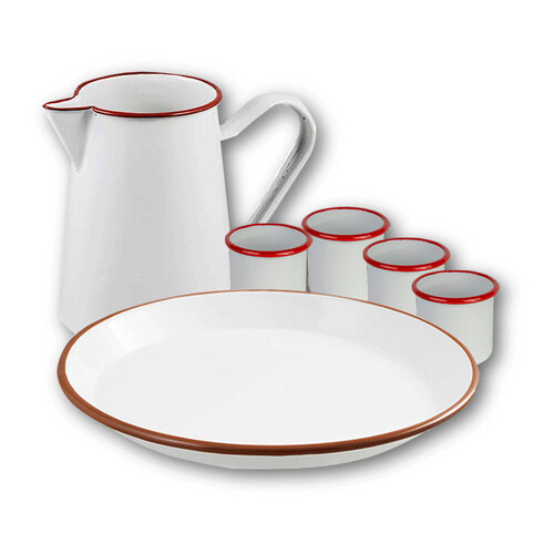 6pc Urban Style Classic Enamel Beverage Set - White/Red Rim