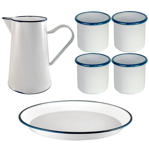 6pc Urban Style Classic Enamel Beverage Set - White/Blue Rim