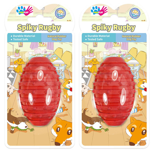 2PK Paw Play Rubber Spiky Rugby Ball Pet Toy Small Red