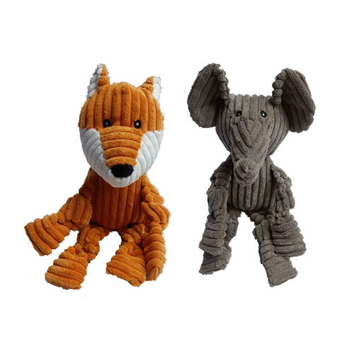 2pc Paw Play 34cm Fox & 32cm Elephant Pet Chew Toy Plush w/ Squeaker