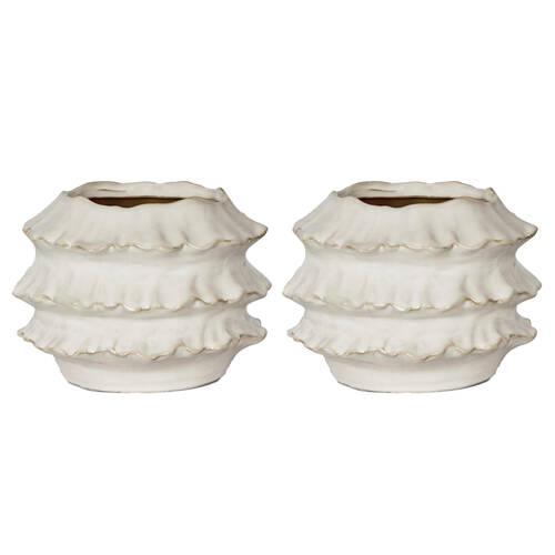 2PK Belle Frilly Ceramic Planter Indoor Plant Container Large 20.5cm - White