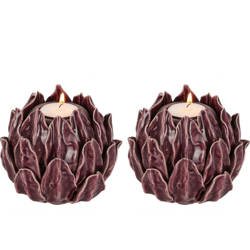 2PK Belle Acorn Stoneware Tealight Candle Holder 12cm - Mulberry