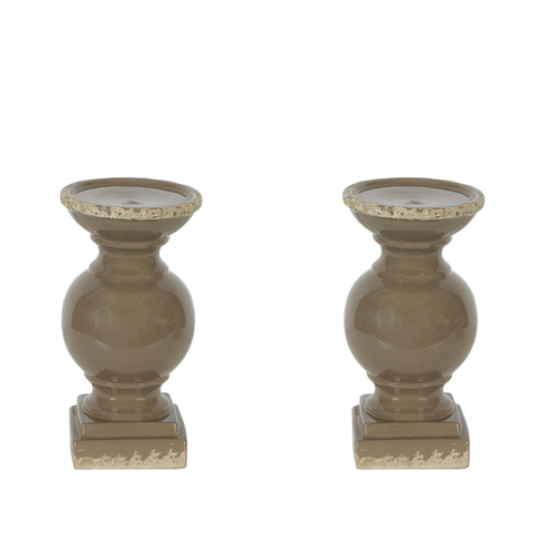 2PK Belle Montreal Ceramic Candle Stick Holder Small 25x13cm - Taupe