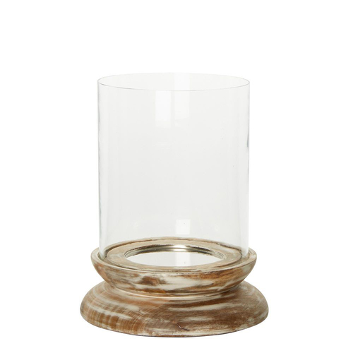 Belle Brodie Glass Hurricane Candle Holder w/ Wooden Base 30cm - Natural
