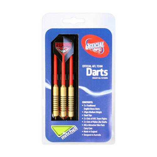 3pc AFL Brass Darts Essendon Bombers Team Design Flights & Shafts In Case