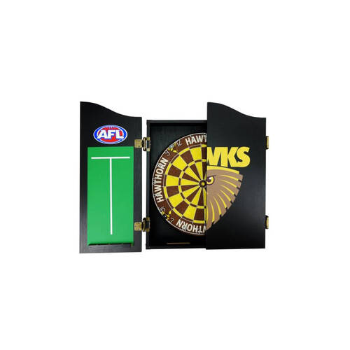 AFL Dartboard and Cabinet Set Hawthorn Hawks Team Design Black Finish
