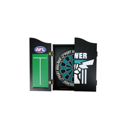 AFL Dartboard and Cabinet Set Port Adelaide Power Team Design Black Finish