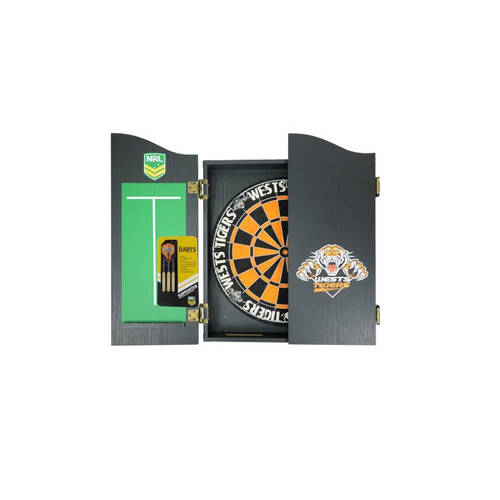 NRL Dartboard and Cabinet Set West Tigers Team Design Black Finish