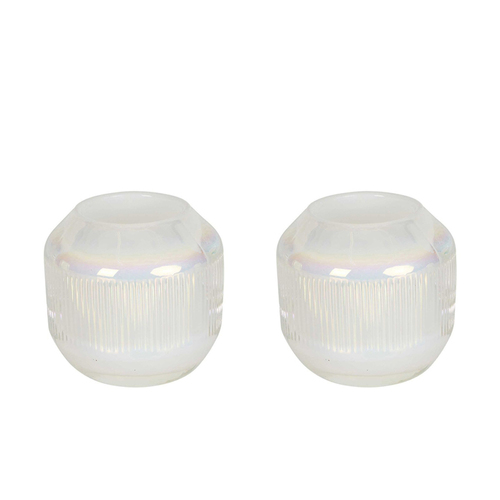 2PK Belle Pearl Stripe Glass Tealight Holder 8.5cm - White
