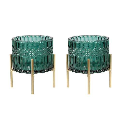2PK Belle Demi Glass/Iron Tealight Holder Large 13cm - Emerald