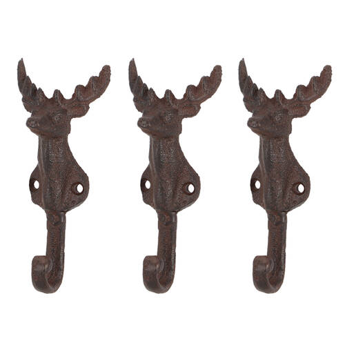 3PK Esschert Design Cast Iron Deer Head Wall Hook Classic 13.7cm Brown