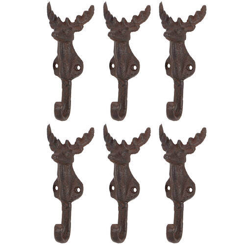 6PK Esschert Design Cast Iron Deer Head Wall Hook Classic 13.7cm Brown