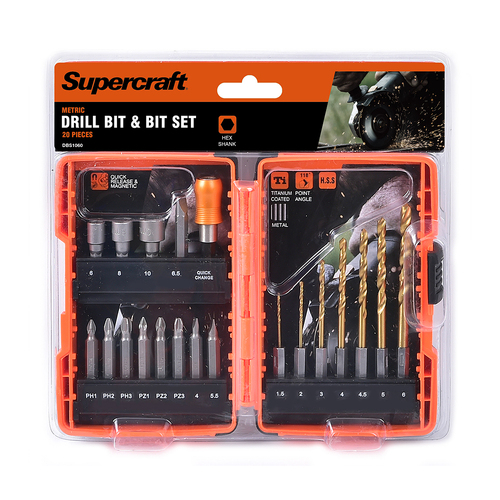 20pc Supercraft Quick Release Hex & Coated Metal Drill & Bit Set Metric