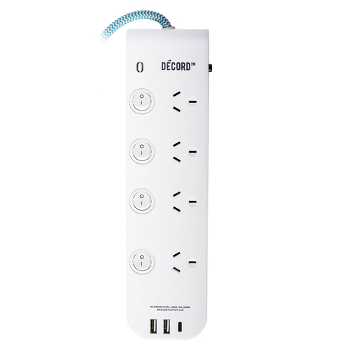 Crest Decord 4-Way Switched 1m Power Board 3-USB-A/USB-C Socket - White