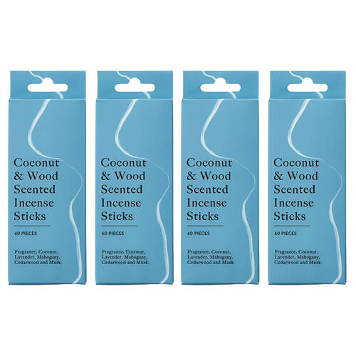4x 60pc Pilbeam Living Coconut/Wood Scent Incense Sticks Aroma Fragrance 13cm