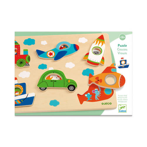 6pc Djeco Coucou-Vroom Transport Wooden Puzzle Toy 18m+