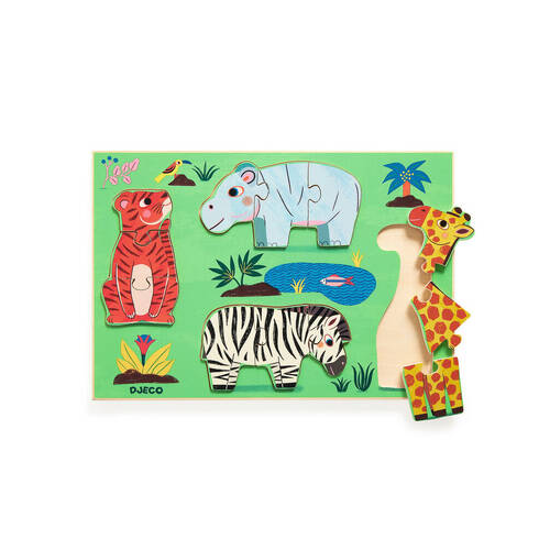 12pc Djeco African Animal Wooden Jigsaw Puzzle 30x21cm Kids Toy 18m+