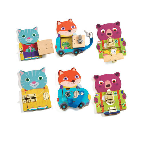 3pc Djeco Locktou Wooden Animal Game w/ Lock Kids Toy 3y+