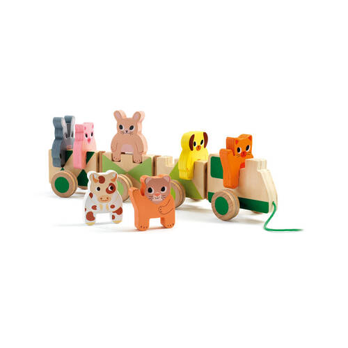 Djeco Trainimo Farm Wooden Train Pull Along Kids Toy 18m+