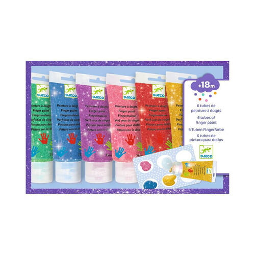 6pc Djeco Glitter Finger Paint Tubes Kids Colouring Art 18m+
