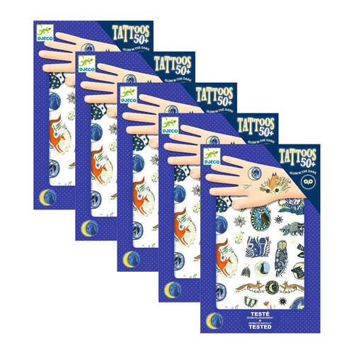 5PK 50pc Djeco Kids Night Time Glow in the Dark Pre Cut Press On Temporary Tattoos